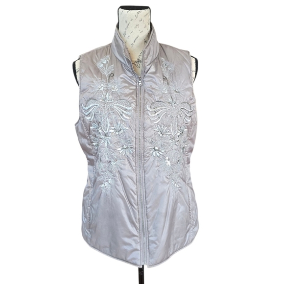 Chico's Jackets & Blazers - Chico's Silver Gray Embellished Zip Satin Puffy Vest M